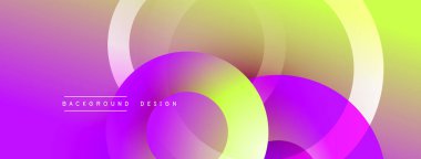 Soyut renkli arkaplan. Üst üste binen daireler dinamik değişim etkisi yaratır. Mor, sarı, bej renkler düzgün bir şekilde harmanlanmış. Dijital projeler için modern tasarım ögesi.