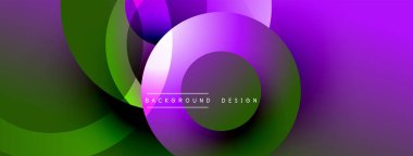 Soyut, enerjik daireler çakışıyor ve dinamik bir değişim etkisi yaratıyor. Mor, yeşil renkler kompozisyona hakim. Arkaplan ve sunumlar için uygun modern tasarım.