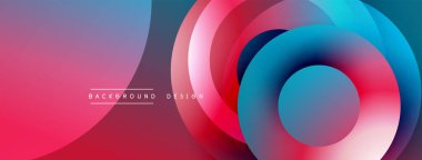 Soyut tasarım özellikleri üst üste binen daireler, canlı gradyanlar. Renkler kırmızı, mor, mavi renk değiştirip dinamik görsel efekt yaratıyor. Modern, minimalist estetik.