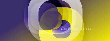 Soyut geometrik bileşim. Üst üste binen yuvarlak kareler dinamik görsel efekt yaratır. Mor renkten sarı renge geçişler baskın bir tasarım. Modern, minimalist estetik.