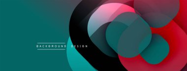 Soyut tasarım özellikleri üst üste binen daireler, gradyanlar. Teal, siyah, pembe renkler dinamik görsel efekt yaratır. Çeşitli projeler için modern arkaplan.