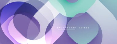 Üstüste binen şeffaf daireler, kareler içeren soyut bir kompozisyon. Yumuşak mor, mavi, yeşil renkler rahatlatıcı görsel efektler yaratır. Arka planlar için modern tasarım ögesi.