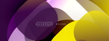 Soyut tasarım özellikleri üst üste binen şeffaf daireler. Mor, sarı, beyaz renkler harmanlanarak dinamik görsel efekt yaratır. Çeşitli projeler için modern arkaplan.