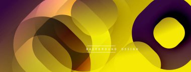 Üst üste binen yuvarlak şekilli soyut kompozisyon. Renkler sarı, turuncu, kahverengi, mor dinamik görsel doku oluşturur. Modern tasarım ögesi.