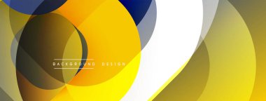 Soyut geometrik bileşim. Üst üste binen daireler dinamik görsel efekt yaratır. Sıcak sarılar, havalı maviler, gri renkler palete hakim. Arkaplan ve sunumlar için uygun modern tasarım.