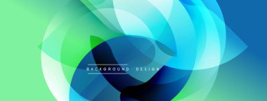 Soyut arkaplan özellikleri üst üste binen şeffaf katmanlar. Renkler canlı yeşilden koyu maviye geçerek dinamik görsel efekt yaratır. Modern tasarım ögesi.