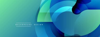 Soyut dinamik kompozisyon. Üst üste binen daireler sıvı şekiller oluşturarak canlı yeşilden koyu mavi tonlara dönüşürler. Modern tasarım, düzgün eğimler, görsel uyum.