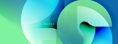 Üst üste binen daireler, gradyanlar içeren soyut kompozisyon. Mavi, yeşil renkler tasarıma hakim. Modern estetik, temiz çizgiler dinamik görsel deneyimler yaratır.