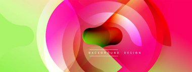 Soyut canlı tasarım, yarı saydam dairelerle örtüşen özellikler. Renkler yeşilden pembeye, kırmızıya, turuncuya dönüşüyor. Modern estetik, arka plan veya dijital sanat için uygun.