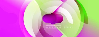 Soyut canlı tasarım, üst üste binen daireler, gradyanlar. Mor, yeşil renkler kompozisyona hakim. Modern estetik dijital arka planlar ve sunumlar için uygundur. Düz geçişler dinamik görsel efekt yaratır.