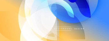 Soyut tasarım özellikleri üst üste binen şeffaf şekiller. Sıcak sarı, serin maviye karışıp dinamik görsel akış yaratır. Yumuşak eğimler derinliği ve modern estetiği arttırır.