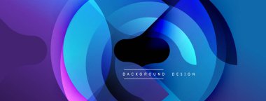 Soyut canlı katmanlar dinamik dairesel bileşim yaratır. Mavi, mor renkler harmanlanarak modern arkaplan oluşturuyor. Merkezi karanlık boşluk karşıtlık ve metin yerleştirme sunar.