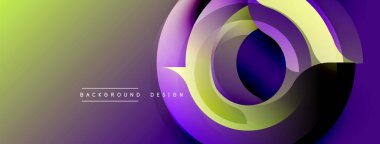 Soyut tasarım katmanlı daireler, canlı mor, sarı renkler. Yeşilden menekşe 'ye geçiş. Modern, dinamik görsel kompozisyon.