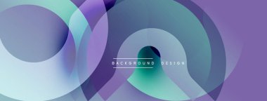 Üst üste binen daireler, gradyanlar içeren soyut kompozisyon. Mor, deniz mavisi renkleri dizaynda baskın. Modern estetik, arka planlar ve sunumlar için uygun. Minimalist stil.