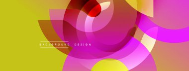 Soyut renkli tasarım, üst üste binen daireler, kareler, gradyanlar. Sıcak tonlar baskın, modern görsel deneyimler yaratıyor. Arkaplan dinamik bileşimi öneriyor.