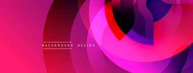Soyut dizayn özellikleri üst üste binen daireler, canlı pembe, mor, kırmızı. Gradyan gölgeler derinlik yaratır, modern estetik. Minimalist kompozisyon, dinamik akış.