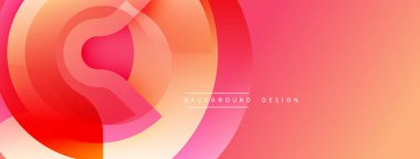 Soyut canlı katmanlar dinamik dairesel bileşim yaratır. Sıcak renk paleti baskın, turuncu, pembe ve kırmızı renkleri harmanlıyor. Arka planlar için modern tasarım ögesi.
