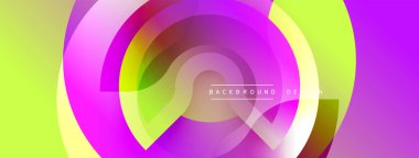 Soyut canlı tasarım dairesel katmanlarla örtüşen özellikler. Mordan, pembeden, sarıya, yeşile geçiş dinamik görsel efekt yaratır. Modern estetik.