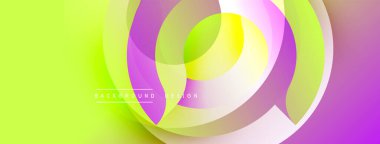 Soyut canlı tasarım katmanlı daireler, gradyanlar içerir. Renkler kireç yeşilinden mora dönüşüyor. Modern estetik, pürüzsüz şekiller dinamik görsel etki yaratır.