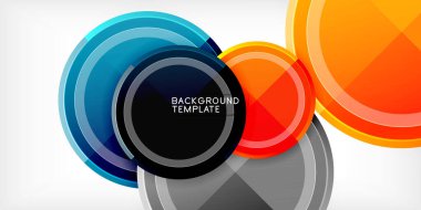 Soyut daireler çakışıyor, dinamik görsel etki yaratıyor. Parlak mavi, turuncu, gri, kırmızımsı kompozisyon. Arkaplan ve sunumlar için uygun modern şablon.