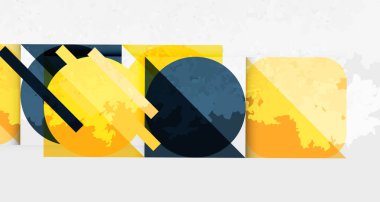 Soyut geometrik bileşim. Üst üste binen şekiller, dikdörtgenler, çizgi dinamik görsel doku yaratır. Sarı, deniz tonları nötr arka plana hakim. Modern tasarım elemanları.