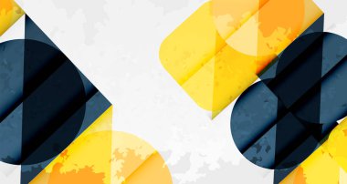 Soyut geometrik tasarım. Üst üste binen daireler, kareler dinamik bileşim oluşturur. Açık gri desenli arka plana karşı sarı, donanma kontrastı. Modern, minimalist estetik.