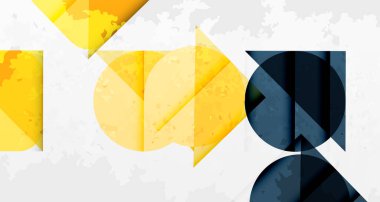 Soyut geometrik bileşim. Sarı, donanma şekilleri örtüşen gri arkaplan. Üçgenler, daireler dinamik görsel düzenleme yaratır. Modern tasarım elemanları.