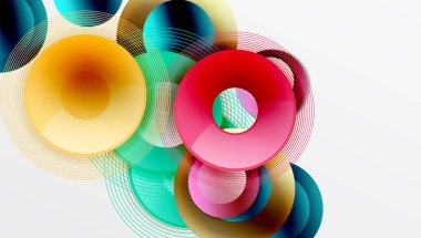 Renkli kesişen daireler içeren soyut kompozisyon, dinamik görsel efekt yaratan çizgiler. Modern tasarım, canlı renkler, geometrik şekiller sahneye hakim..