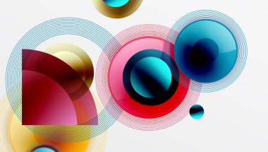 Üst üste binen daireler, kavisler, canlı renkler içeren soyut kompozisyon. Geometrik şekiller dinamik görsel efekt yaratır. Modern tasarım, temiz çizgiler, pürüzsüz eğimler.