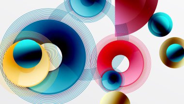 Üst üste binen daireler, halkalar, çizgiler içeren soyut bir kompozisyon. Canlı mavi, kırmızı, sarı dinamik görsel efekt. Modern tasarım, temiz estetik.