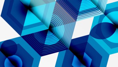 Soyut geometrik bileşim. Mavi gölgeler katmanlı şekil altıgenler, üçgenler, daireler yaratır. Gradyan etkileri olan modern tasarım, temiz çizgiler, dinamik görsel doku.