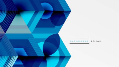 Soyut geometrik desen. Altıgenler, daireler dinamik bileşim yaratır. Mavi gölgeler modern estetik sunuyor. Temiz tasarım, uygun arkaplan ögesi.