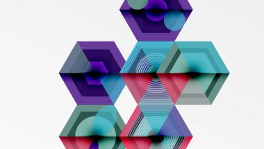 Soyut geometrik bileşim. Altıgenler üst üste binerek renkli desenler oluşturuyor. Çizgiler eğilim gösterir, derinlik ve hareket gösterir. Modern tasarım, canlı renkler egemen..
