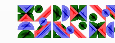 Soyut geometrik desen. Tekrar eden şekil açıları, daireler, dikdörtgen kilitler. Mavi, yeşil, kırmızı renkler kompozisyona hakim. Modern tasarım, temiz çizgiler, minimalist estetik.