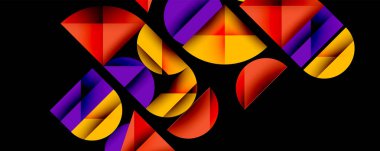 Soyut geometrik bileşim. Canlı yarı daireler, üçgenler örtüşüyor ve dinamik görsel efektler yaratıyor. Renkler arasında turuncu, sarı, mor, mavi ve siyah arka plan yer alıyor. Modern tasarım.