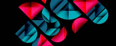 Soyut geometrik bileşim. Üst üste binen şekiller dinamik görsel efekt yaratır. Teal, pembe gradyanlar koyu arkaplana hakim. Modern tasarım, canlı renkler, temiz çizgiler.