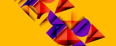 Soyut geometrik bileşim. Üst üste binen şekiller, canlı renk sorgusu, mor, kırmızı, dinamik görsel efekt. Modern tasarım, kalın kontrast, enerjik his..