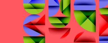 Soyut geometrik bileşim. Üst üste binen şekiller katmanlı etki yaratır. Kırmızı, yeşil, mavi renkler tasarımda baskın. Modern, canlı, görsel olarak ilginç bir model..