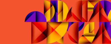 Soyut geometrik bileşim. Canlı şekiller örtüşüyor, dinamik görsel etki yaratıyor. Turuncu, mor, sarı renkler tasarımda baskın. Modern, renkli sanat eserleri.