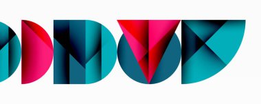 Soyut geometrik tasarım. Renkli örtüşen şekiller harf oluşturuyor. Canlı kırmızılar, maviler modern görsel etki yaratır. Temiz çizgiler, gradyanlar şık kompozisyon sunar.