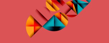 Soyut geometrik şekiller örtüşür, dinamik bileşim yaratır. Sıcak turuncu, serin deniz mavisi, koyu kırmızı renkler soluk pembe arka plana hakim. Modern tasarım elementleri hareket, derinlik.