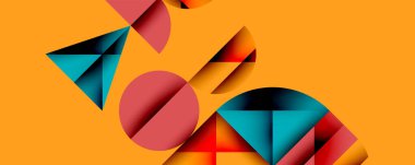 Soyut geometrik bileşim. Şekiller örtüşüyor, canlı renk değişimleri yaratıyor. Turuncu arka plan katmanlı üçgenleri, daireleri, bölümleri vurgular. Modern tasarım, dinamik görsel öğeler.