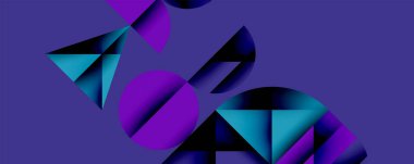 Soyut geometrik şekiller örtüşür, dinamik bileşim yaratır. Mor, mavi gradyanlar dizaynın hakimi. Modern estetik, temiz çizgiler teknoloji ve yenilik öneriyor.