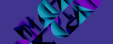 Soyut geometrik bileşim. Şekiller çakışıyor, dinamik görsel etki yaratıyor. Mavi, mor renkler dizaynın hakimi. Modern, canlı estetik..