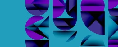 Üst üste binen mor, koyu mavi şekilli, canlı turkuaz arka planda soyut kompozisyon. Geometrik formlar dinamik görsel ilgi yaratıyor, modern estetik.