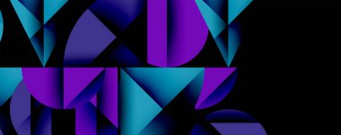 Soyut geometrik bileşim. Şekiller çakışıyor, dinamik görsel etki yaratıyor. Mavi, mor renkler koyu arkaplana hakim. Modern tasarım, değişim mevcut..