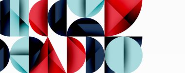 Soyut geometrik bileşim. Çemberler, yarı daireler, segmentler birbirine kenetlenerek dinamik desen oluşturur. Kırmızı, mavi, açık mavi renkler beyaz arkaplana hükmediyor. Modern tasarım ögesi.