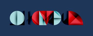 Geometrik harfler OKMDU 'yu canlı kırmızı, mavi ve cyan renkleriyle heceliyor. Şekiller örtüşür ve karanlık arka plana karşı dinamik görsel efekt yaratır. Modern tasarım.