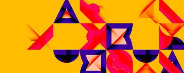 Soyut geometrik bileşim. Canlı pembe, mor şekiller parlak sarı arkaplanlı kontrastlar. Dinamik düzenleme eğlenceli görsel deneyimler yaratır.