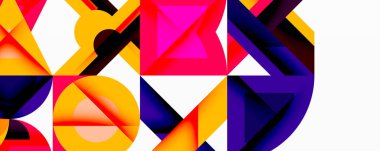 Soyut geometrik bileşim. Canlı renkler, üst üste binen şekiller dinamik görsel deneyimler yaratır. Üçgenler, daireler modern estetik sunarak tasarıma hükmediyor..